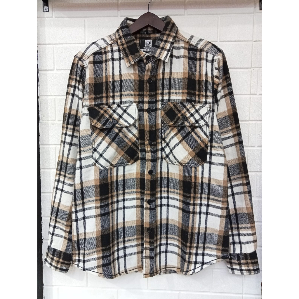 AETDLA Kemeja Flanel Kantong Dua Lengan Panjang Coklat Tua Garis