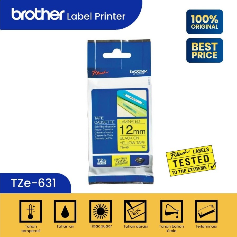

Brother Label TZE-631 12mm x 8m Black On Yellow Laminated Tape