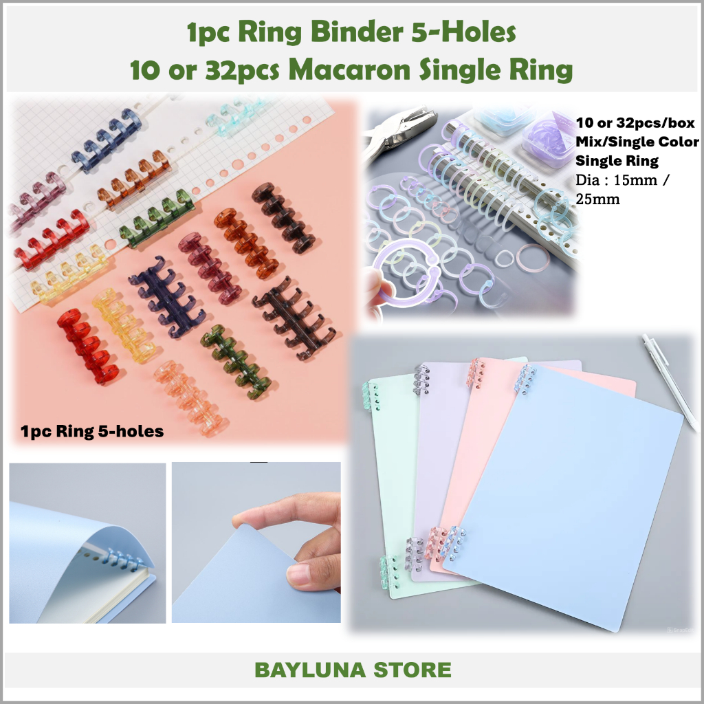 

Bayluna 1pc Ring Binder 5 Hole or Single Hole Mix Color Single Ring 10 or 32pcs/box Dia 15mm 25mm ,Ring Binder Colorful Transparent Writings Ring Binder