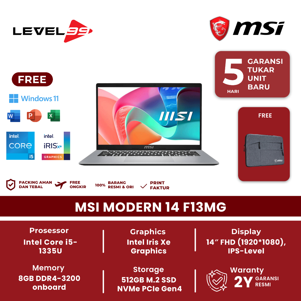 Laptop Msi Modern 14 F13Mg-062 I5-1335U 8/512Gb 14"Fhd W11+ 2Y