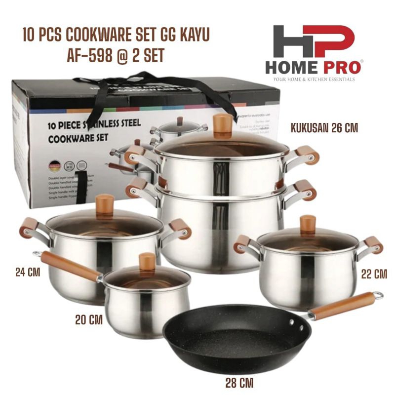 Panci set 10 pcs Cookware Stainless steel gagang kayu Home Pro Premium panci Alat masak 1 set
