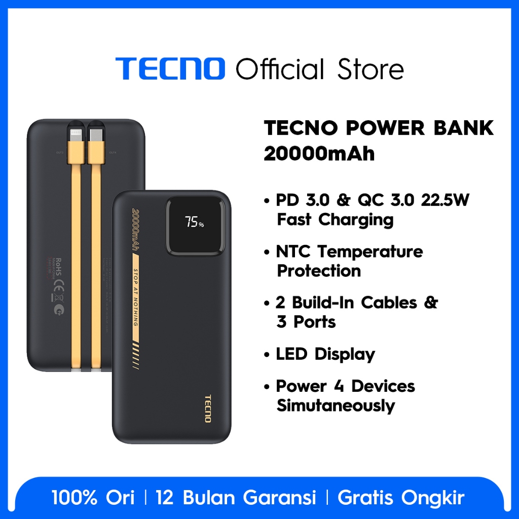TECNO Power Bank 20000 mAh, PD 3.0 & QC 3.0 22.5W Fast Charging, NTC Temperature Protection, 2 Build-In Cables & 3 Ports, LED Display-TPB-P204Q - Gambar 2