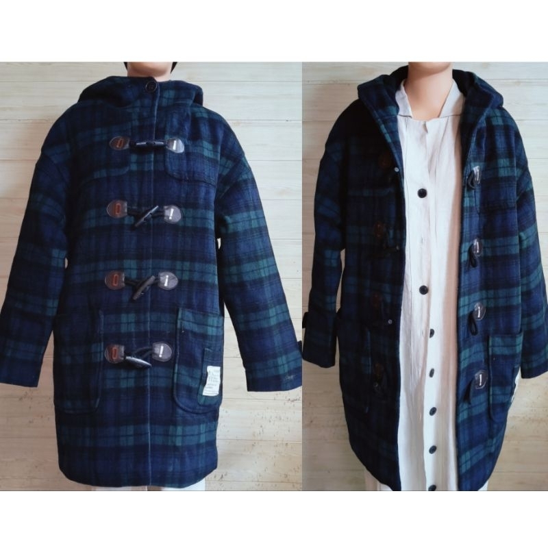 Hoodie wool coat tebal tartan kancing kimtan