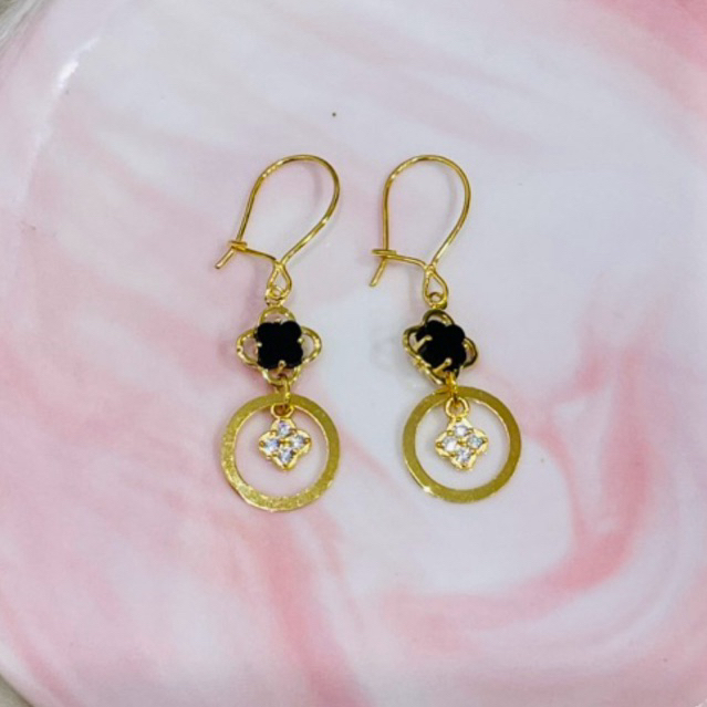 anting hooks clover hitam putih AD bulat simple elegant mewah emas asli kadar 700