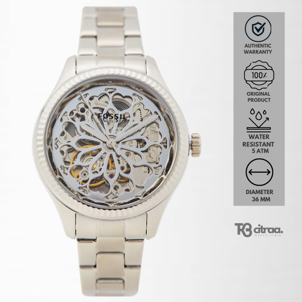Jam Tangan Wanita Fossil Rye Automatic Silver Stainless Steel Mewah Original BQ3753