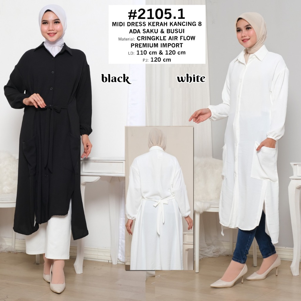 [ DENOVASTYLE ] MIDI DRESS POLOS TERBARU SERI HITAM PUTIH KERAH KEMEJA KANCING 8 ADA SAKU