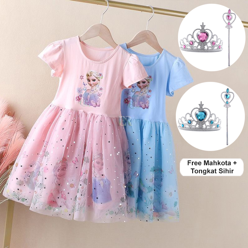 LNR Shop FREE MAHKOTA + TONGKAT SIHIR Gaun Anak Perempuan Motif Frozen Elsa Lengan Pendek Dress Ulan