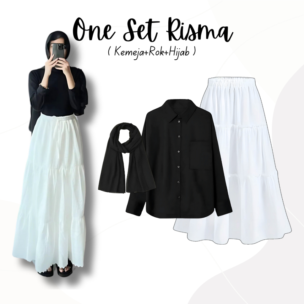 One Set Kemeja Polos Hitam Rok Susun Putih Hijab Pashmina Ceruty Hitam | outfit kampus simpel SK148