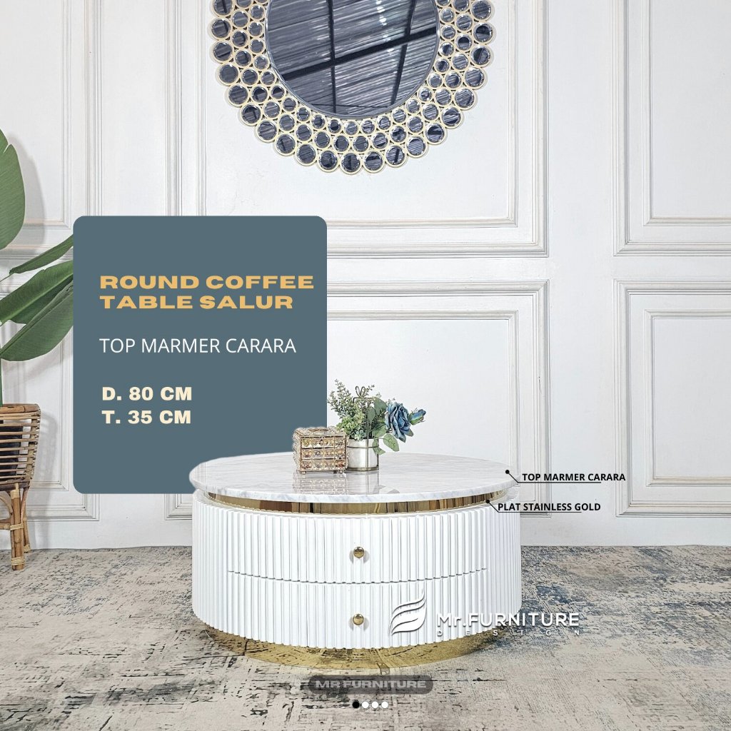 meja tamu bulat salur lis stainless top marmer putih carrara d 80 cm t 35 cm