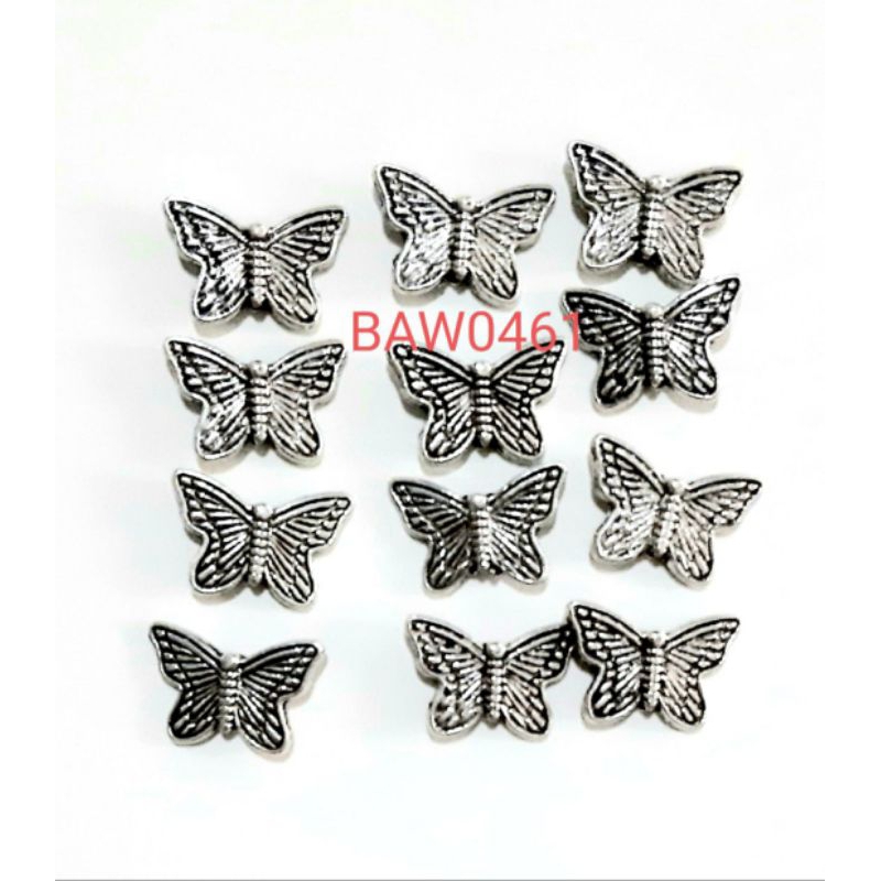 Manik-manik dari logam bentuk kupu-kupu mungil warna antik silver isi 12 pcs