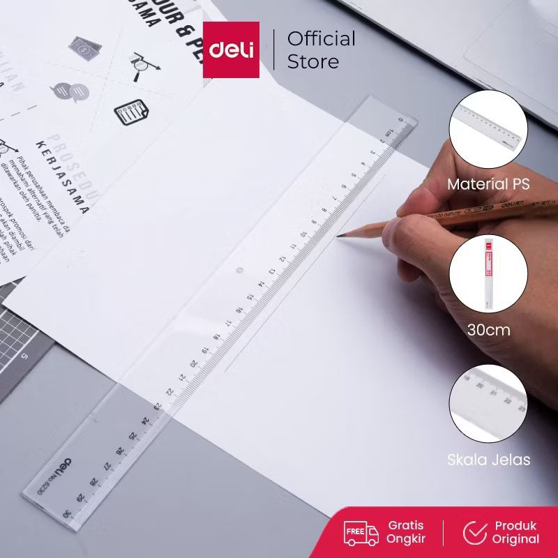 

Deli Penggaris Kualitas tinggi lulus uji ultra transparant pengukuran akurat 30cm E6230