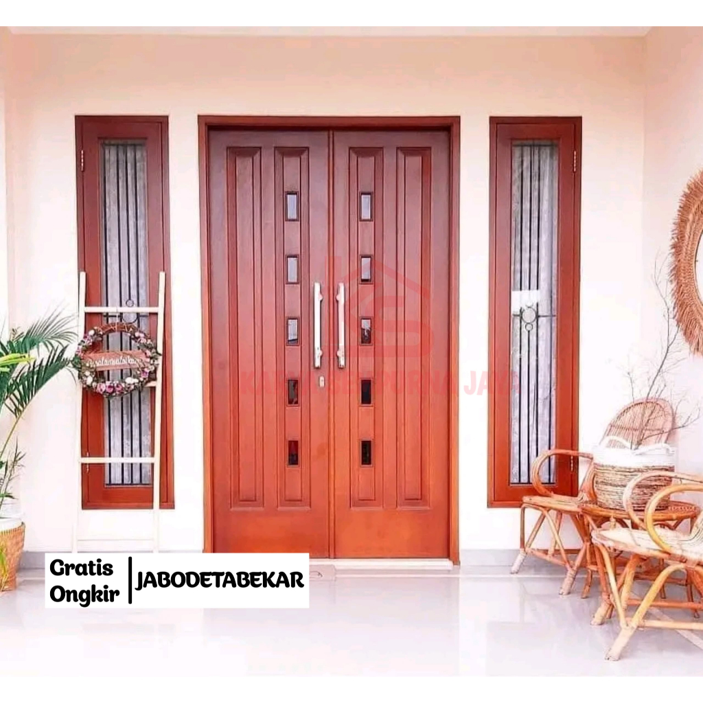 Satu Set Pintu Kusen Utama Model Kupu Tarung Minimalis Kayu Jati Putih/Gamelina