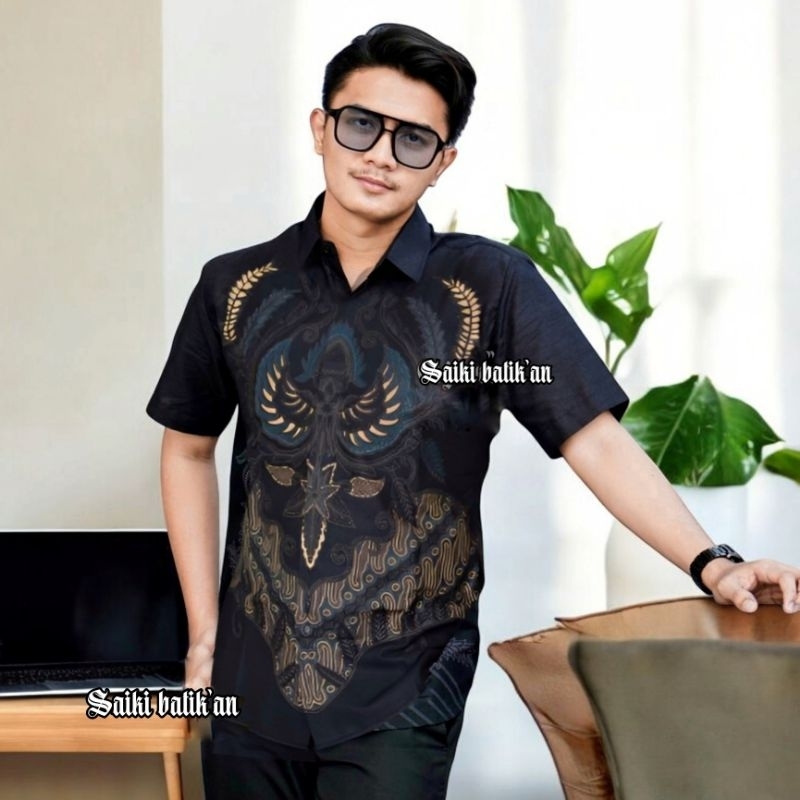 Baju Batik Pria Lengan Pendek Modern Pakaian Kerja Tradisional Atasan Cowok Dewasa M L XL XXL