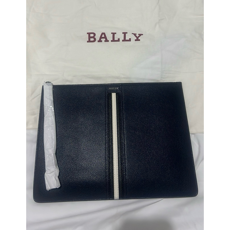 Bally Thalden Clutch in Navy Blue Bovine Leather with Black/White Stripe *preloved like new