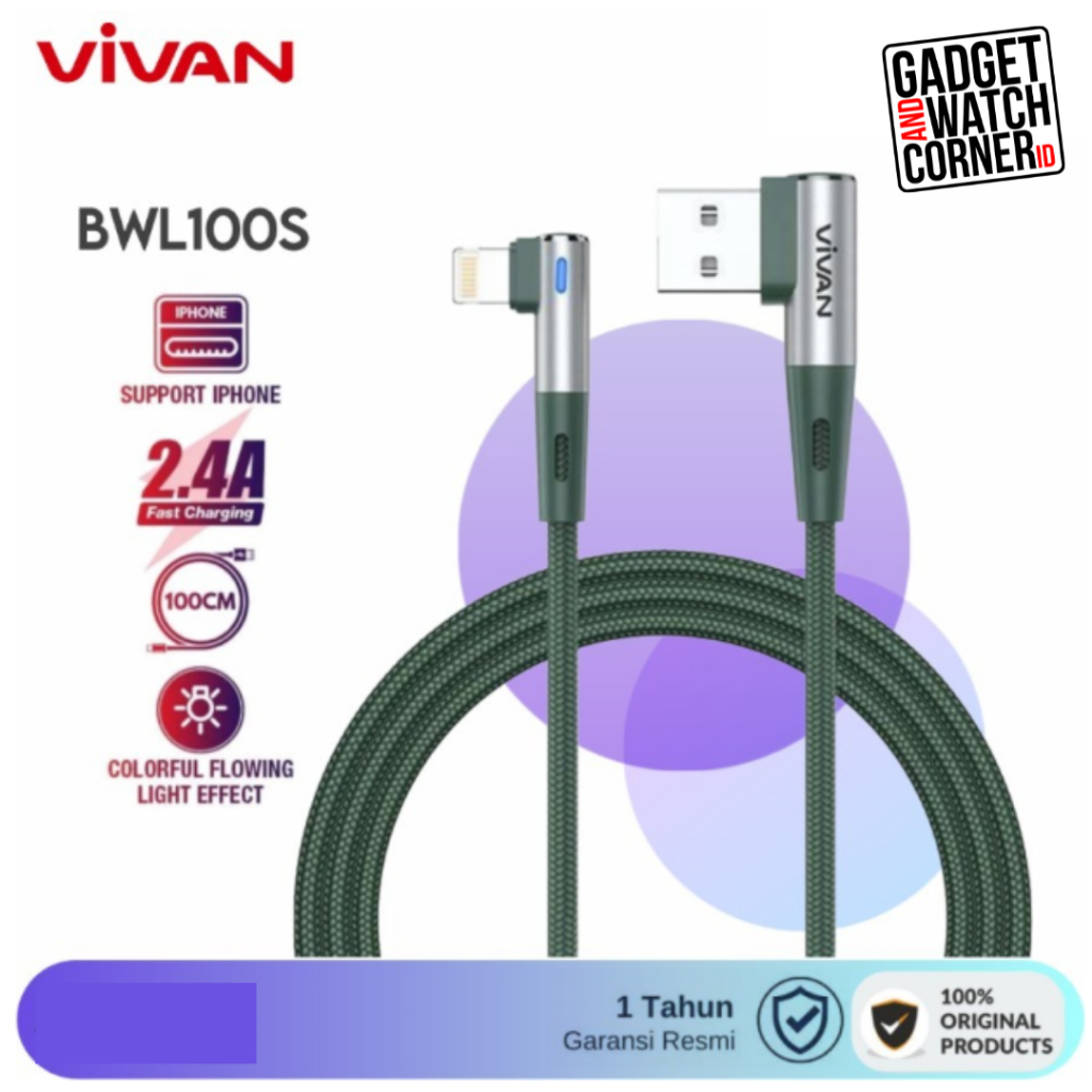 VIVAN BWL100S Kabel Data Charger Lightning iPhone Elbow 1M 2.4A Fast