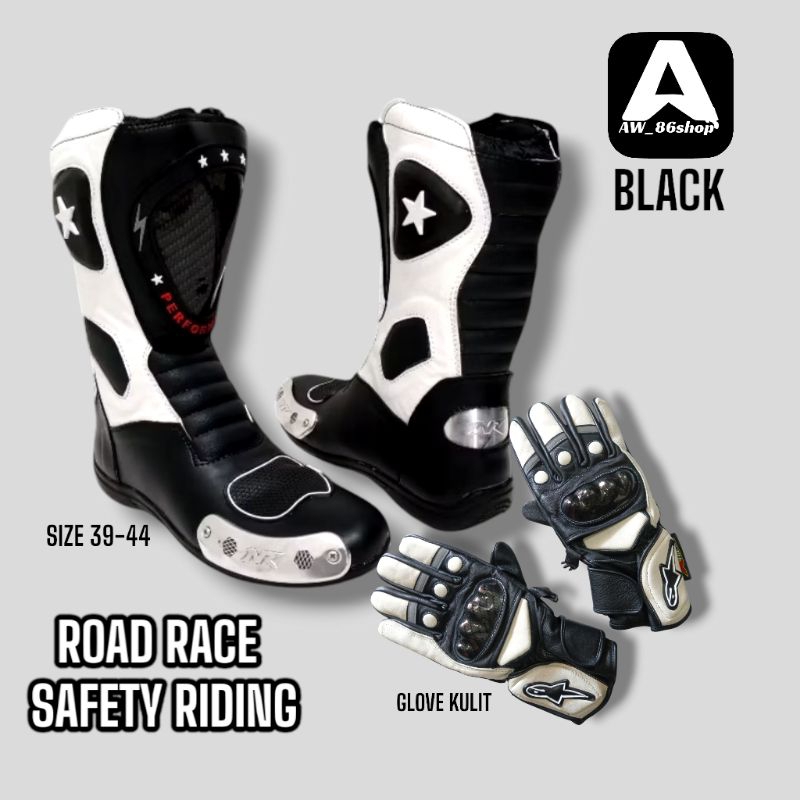 SEPATU BALAP ROADRACE TOURING SAFETY DENGAN GLOVE KULIT BIKERS HITAM PUTIH