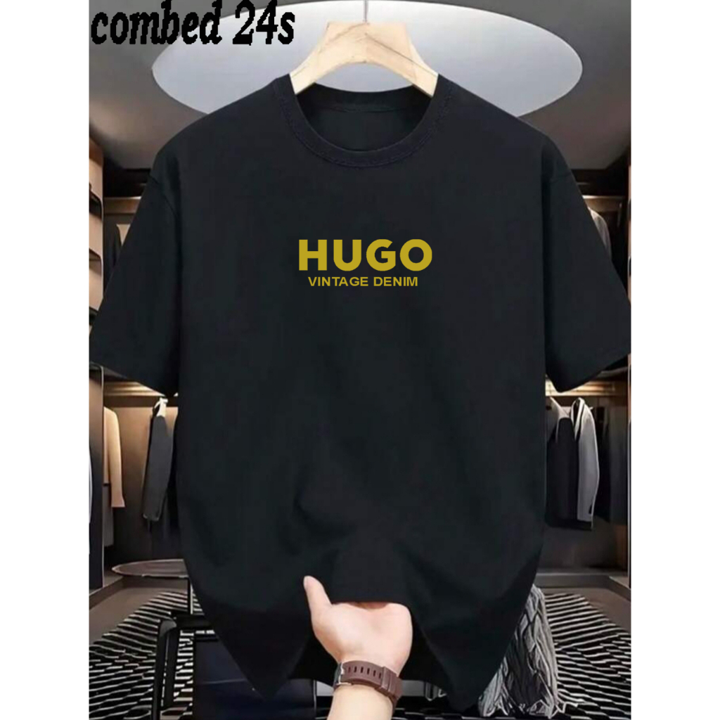 promo Kaos Distro Lengan Pendek Logo Hugo Tek Gold, Kaos Pria Dan Wanita Premium