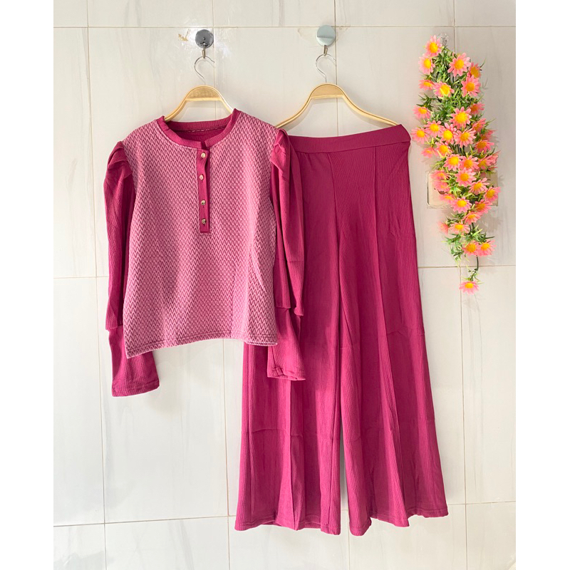 setelan celana wanita kaos knit kulot lebar setcel wanita knit setelan knit wanita