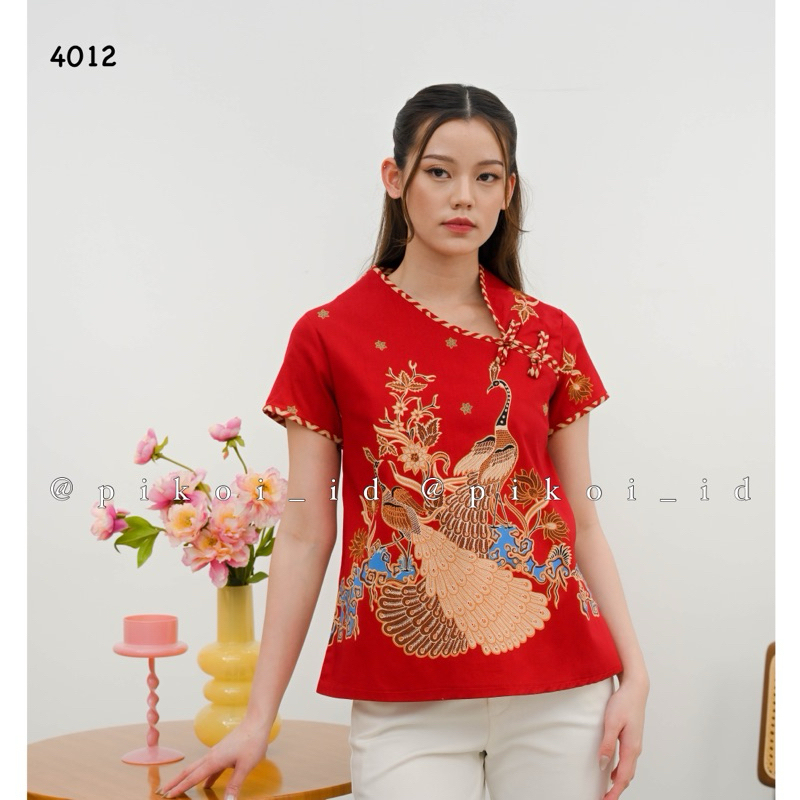 Atasan batik wanita modern lengan pendek kancing shanghai / baju qipao batik merah CNY 4012 184