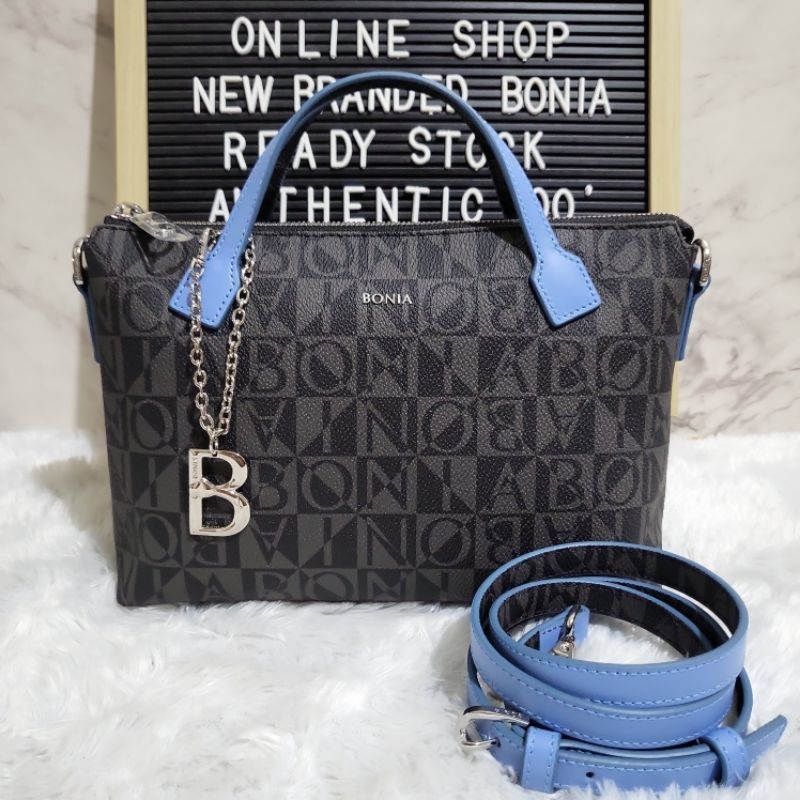 tas bonia original sling bag monogram hitam tali biru
