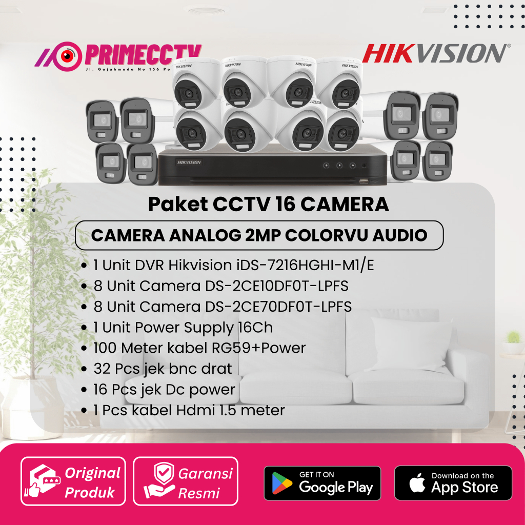 Paket cctv Hikvision 16 Camera Turbo HD 2MP ColorVU Audio