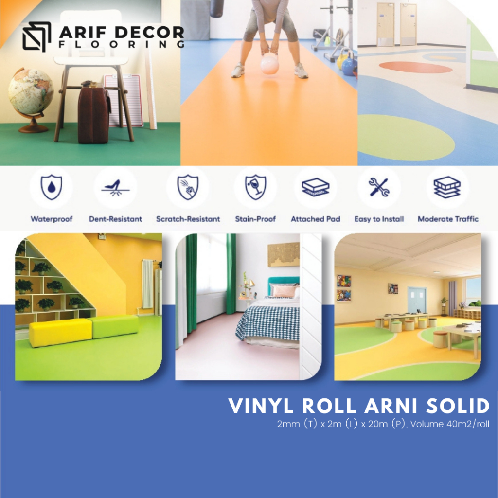 ARNI Lantai Vinyl Roll tebal 2mm motif solid polos