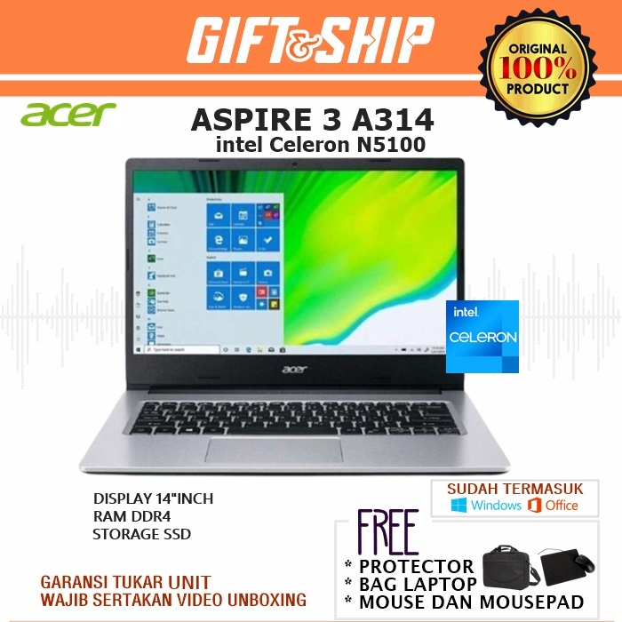 ACER A314-35 Celeron N5100 [RAM 8GB/SSD 512GB] 14" INCH W 11 free BAG LAPTOP-MOUSE