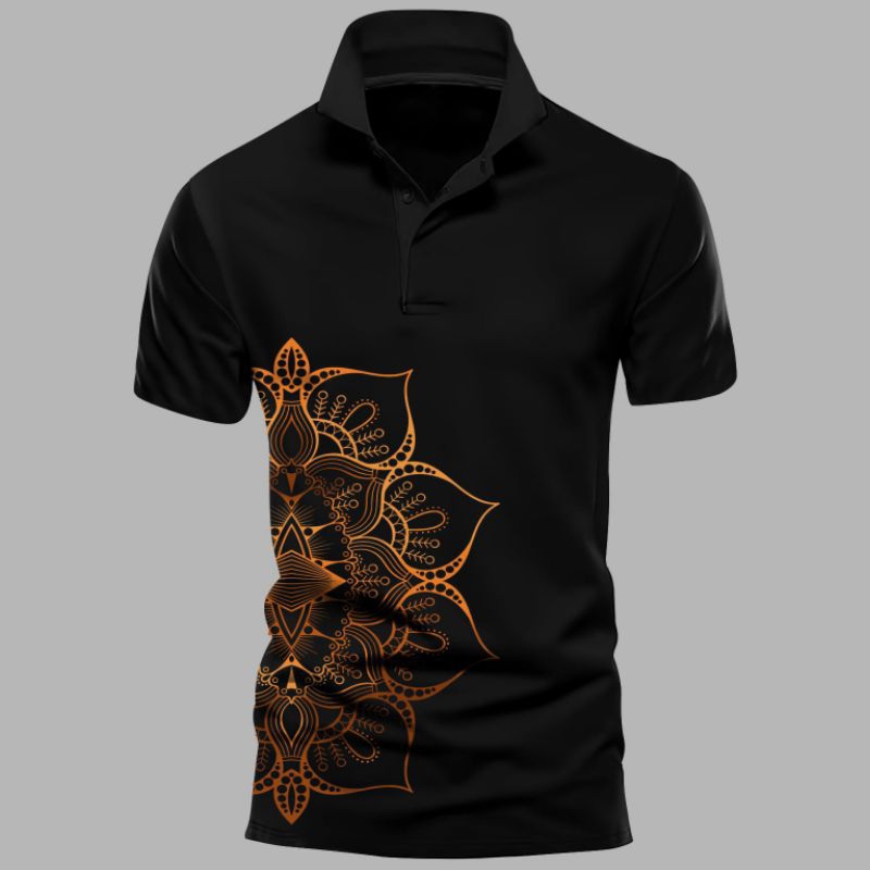 KAOS ATASAN T-SHIRT COWOK MOTIF KERAH KANCING LENGAN PENDEK UKURAN JUMBO GAMBAR BATIK KUNING2