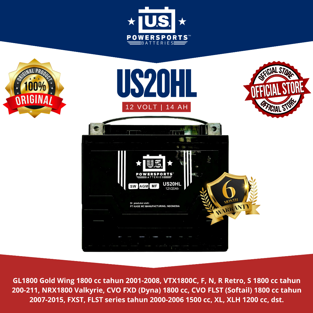 Aki Motor US PowerSports US20HL - 20 Ah (Garansi 1 tahun)