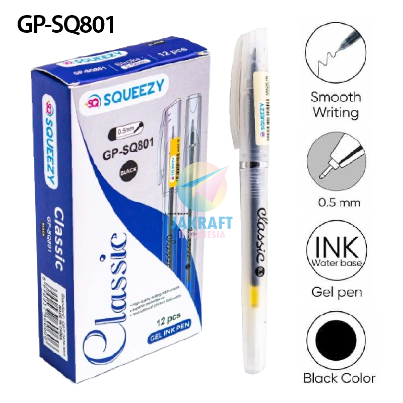 

(12 Pcs) Pulpen Bolpen Gel Pen SQUEEZY GP-SQ801 Classic / GP-SQ802 Neon / GP-804 Pastel Tinta Hitam Black 0.5 mm Needle Tip Murah Bagus Ujung Tajam Runcing