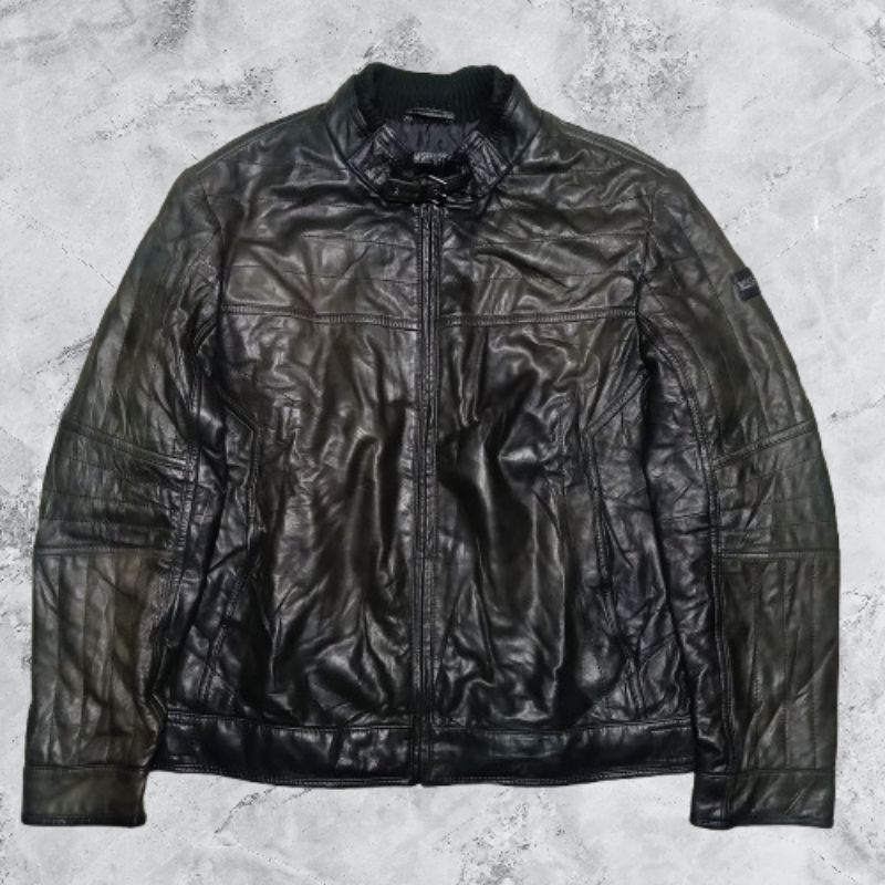 HUGO BOSS Men's Black Leather Full-Zip Moto Jacket ## HUGO BOSS Jacket Kulit Asli
