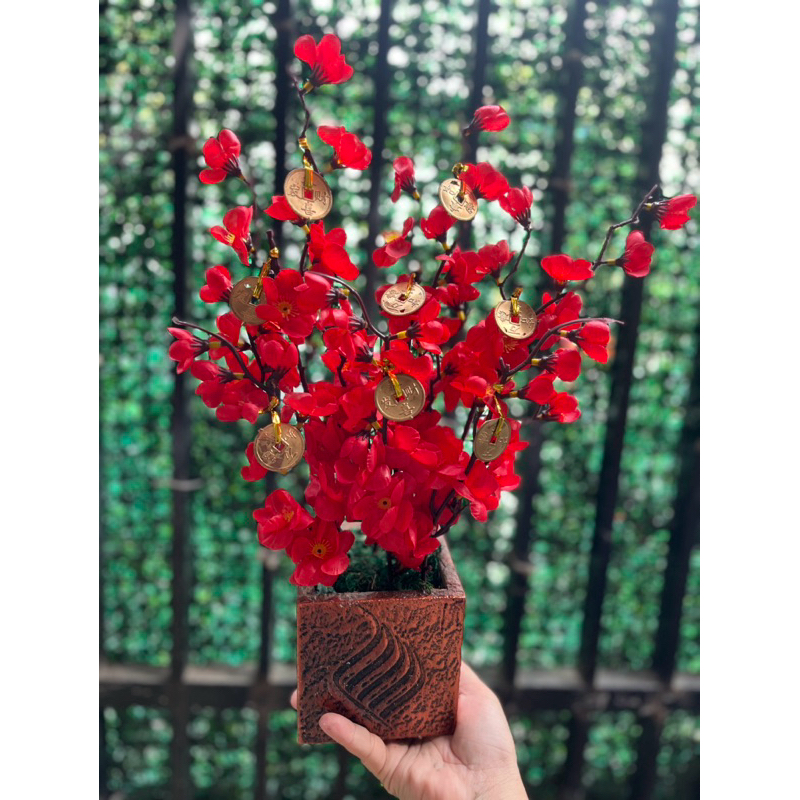 Dekorasi imlek hiasan imlek bunga sakura coin gold  include vas kayu  bunga artificial bunga meja bu