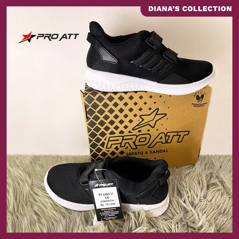 sepatu sekolah pria dan wanita PRO ATT PI 600 model tempel/velcro warna hitam putih size 31-34