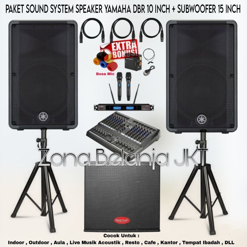 PAKET SOUND SYSTEM INDOOR OUTDOOR LIVE MUSIK KARAOKE SPEAKER YAMAHA DBR 10 INCH + SUBWOOFER 15 INCH 