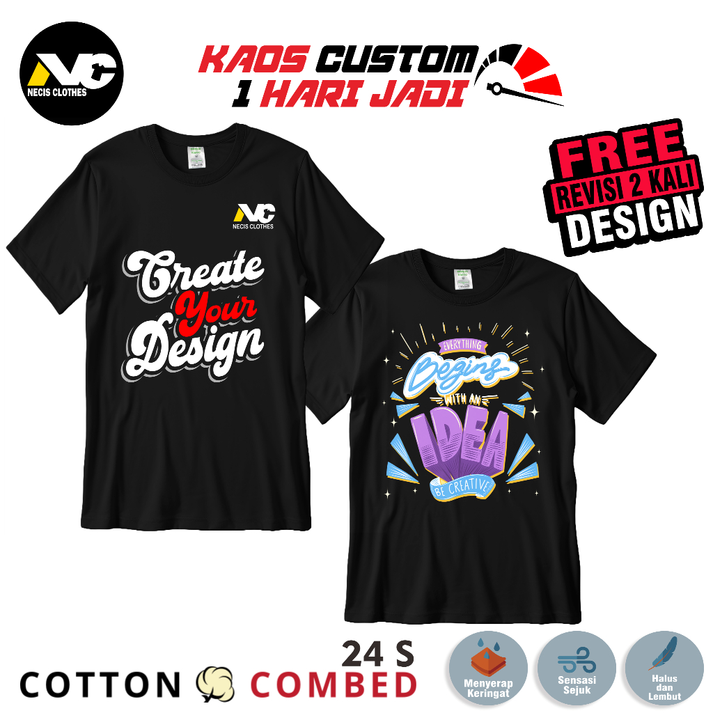 Kaos Custom Satuan Sablon Suka-Suka Bahan 24s Premium KNITTO 100% Cotton Asli
