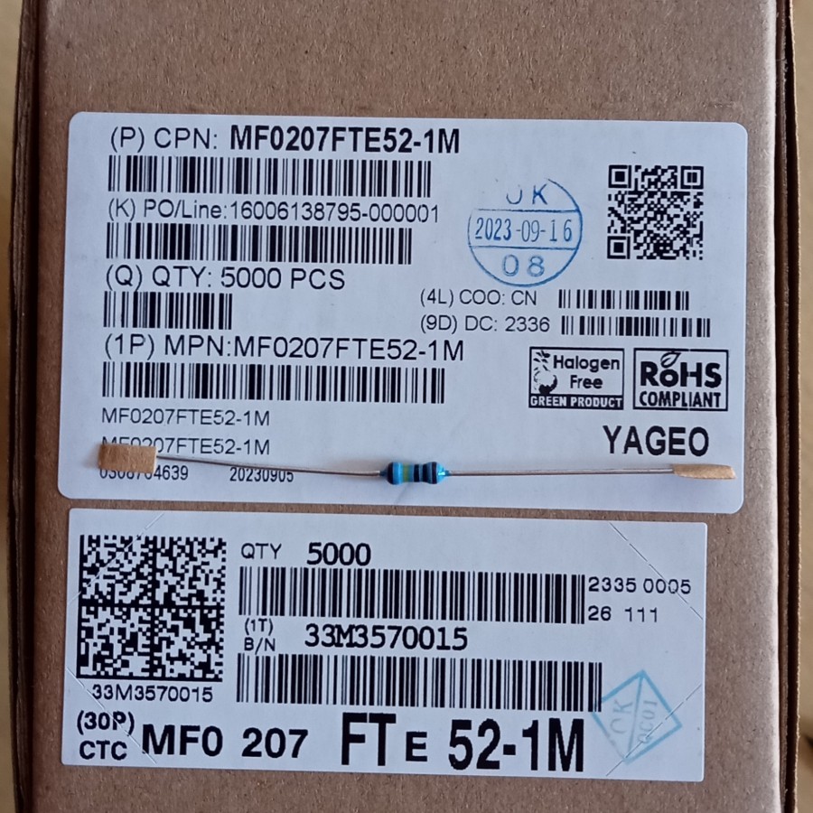 Resistor 1M Ohm 1/4W Metal film YAGEO