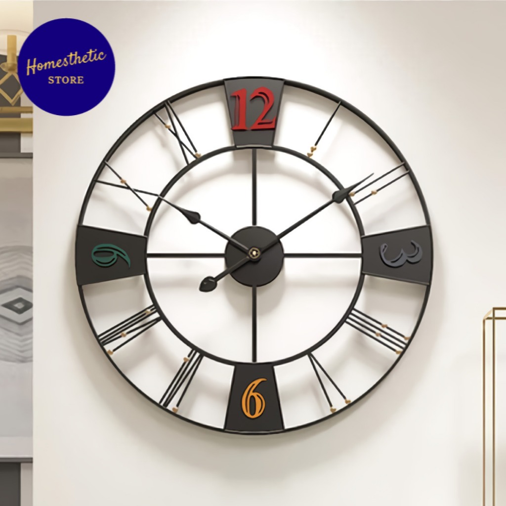 Jam Dinding Besi Metal Bulat Vintage Industrial Clock Quartz Silent Movement 60cm Bergaya Retro Angk