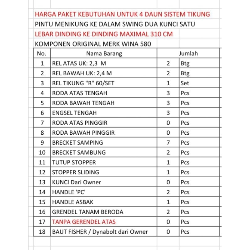 Rel dan engsel Pintu Garasi Tikung 4 Daun