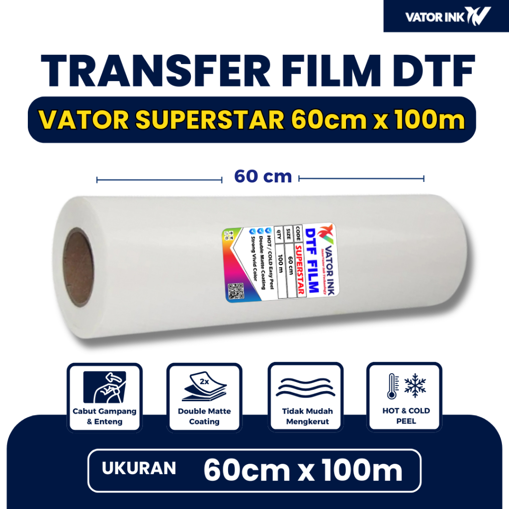 

PET FILM DTF VATOR SUPERSTAR 60cm x 100m Coating Tebal Double Matte Hot Cold Peel Warna Sablon Pekat