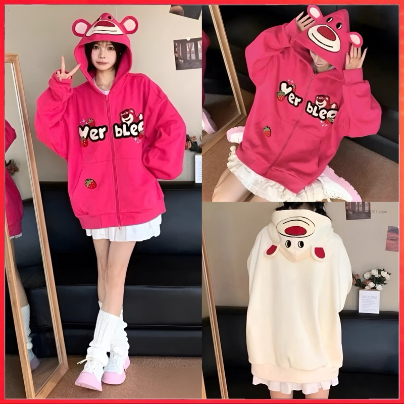 PARIROO HOODIE ZIPPER TELINGA MOTIF STRAWBERRY BEAR BAHAN PREMIUM FLEECE / HOODIE ZIPPER WANITA / HO