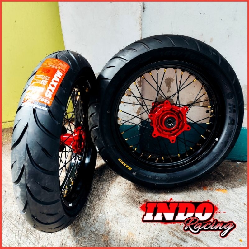 Paket Velg TK Racing CRF 150l Supermoto 300 / 350 Tromol CNC Scarlet Racing Plus Ban Maxxis