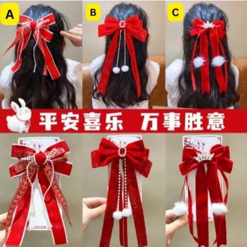 Jepit Rambut Anak Perempuan Imlek CNY Merah Pita Besar