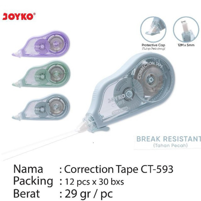 

( 1 pcs ) CT-593 Tipex Kertas Joyko / Correction Tape 12 Meter x 5 mm / Pita Koreksi Joyko CT593 warna warni / Tipe X Pita