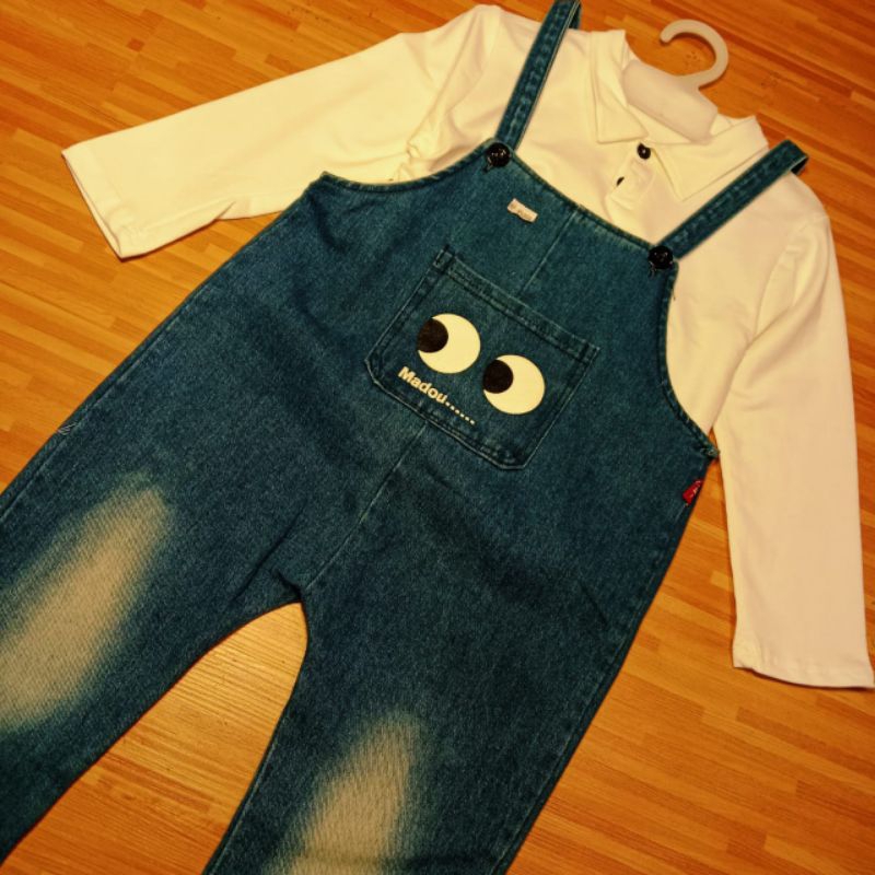 Set Wearpack Denim Anak Prempuan dengan Polo Shirt Putih