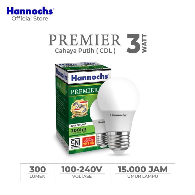 Lampu Bohlam LED Hannochs Premier 3 Watt (Cahaya Putih / 6.500K)
