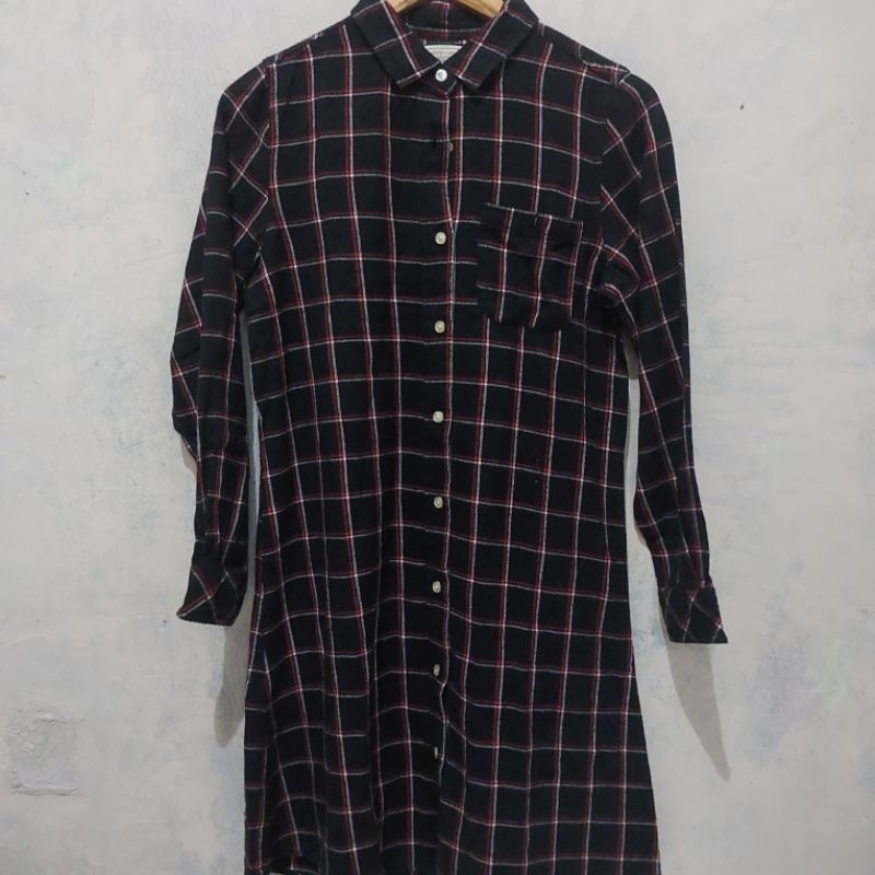 Preloved Midi Dress Kemeja Flanel Wanita Jepang Hitam