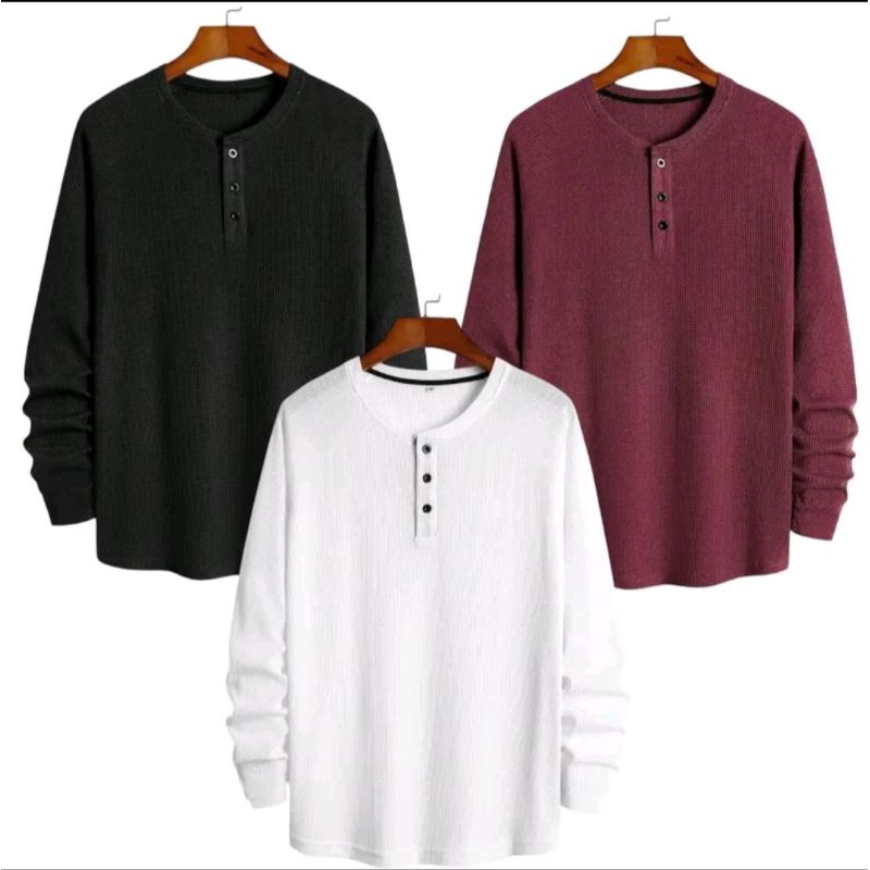Paket 3 pcs Kaos Pria Kancing Lengan Panjang Bahan Waffle/Kaos Pria Hanley Polos Lengan Panjang