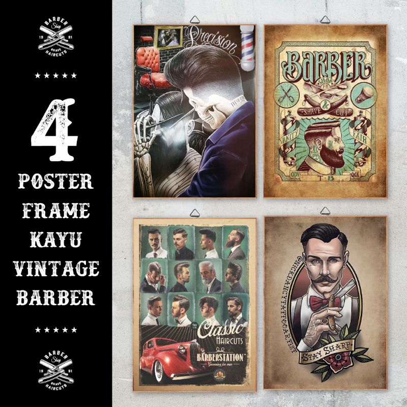 Poster Frame Kayu Vintage Barbershop TERMURAH Ukuran A5 15X20cm - Frame Papan MDF 6mm Permukaan Stic