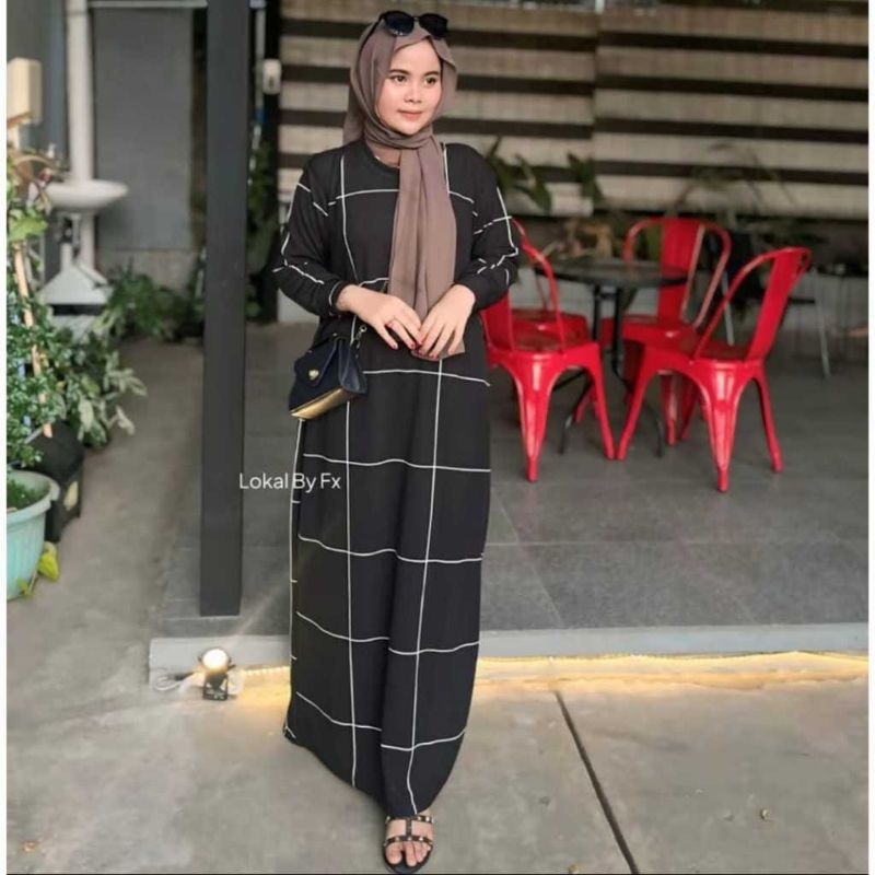 free 1 - Gamis Muslim Knit Japan Motif Salur Kotak Lengan Panjang Terbaru  Termurah