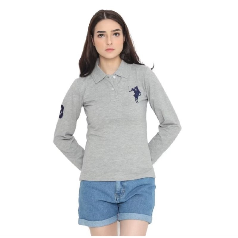 Kaos polo wanita lengan panjang / Polo logo bordir besar / Kaos Kerah Dewasa / Polo Kerah Logo Bordi